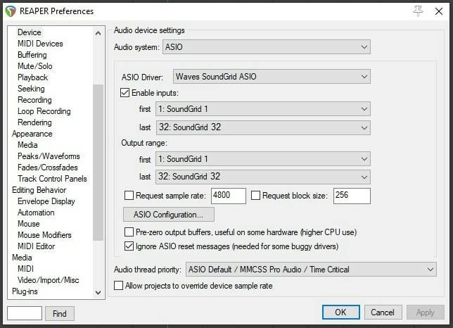 How to set up Reaper for SoundGrid Playback and Recording on Windows