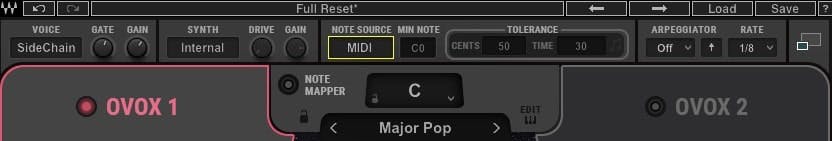In OVox, make sure ‘Note Source’ is set to Auto or MIDI.