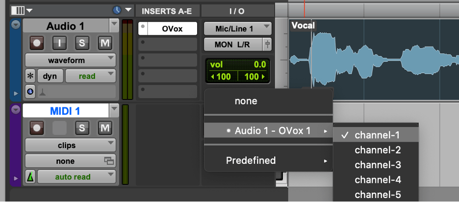 Create a new MIDI track and assign its output to the audio track. Select a MIDI channel in the list